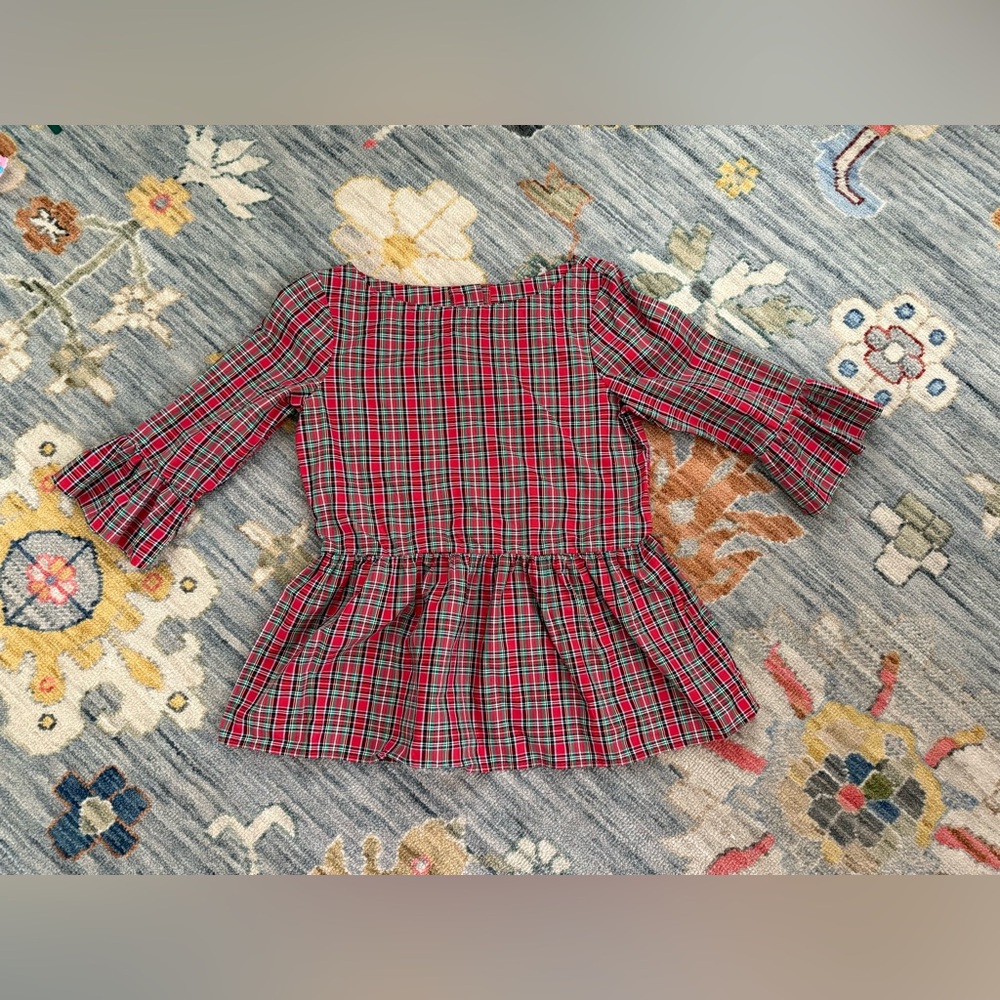 Haley and the Hound 3/4 Sleeve Holiday Red Plaid Ruffle Peplum Top Womens XS